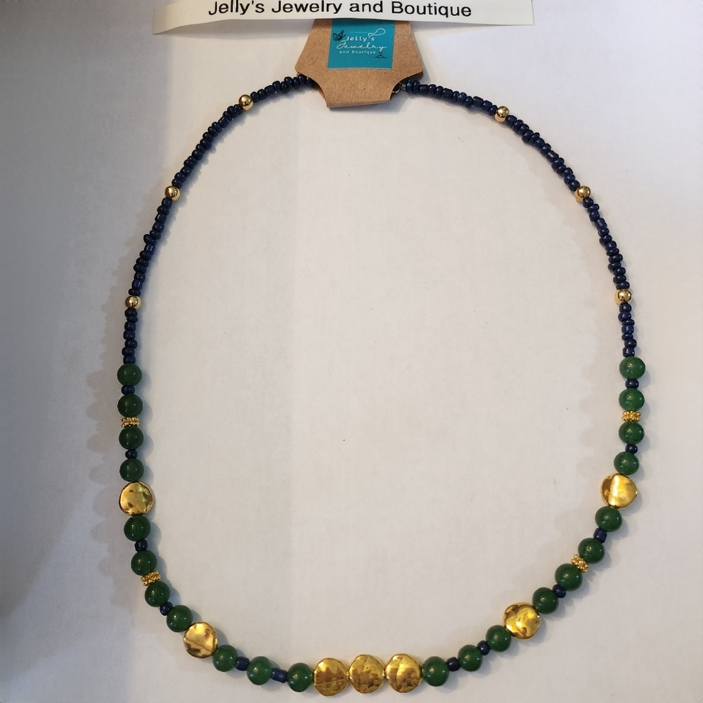 Jelly's Jewelry and Boutique Handcrafted, NWT, Green & Gold Beaded Necklace